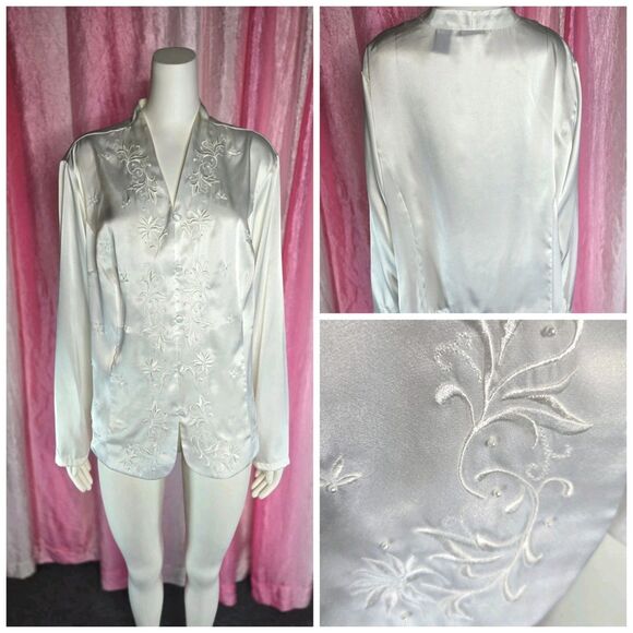 Laura Scott White Satin Embroidery Pearl Beaded Button Up Blouse Size 22 Plus - Picture 1 of 11